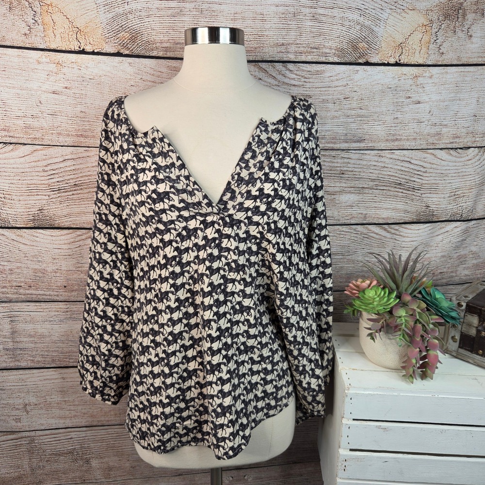Joie Womens Black Cream 100% Silk Horse Print V-Neck Blouse Top Large